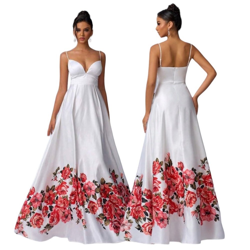 White Halter V-Neck Bust Cup High Waist Slim Oversized Skirt Hem Dress